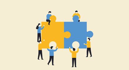 Small figures working together to connect large puzzle pieces, symbolizing teamwork and collaboration.