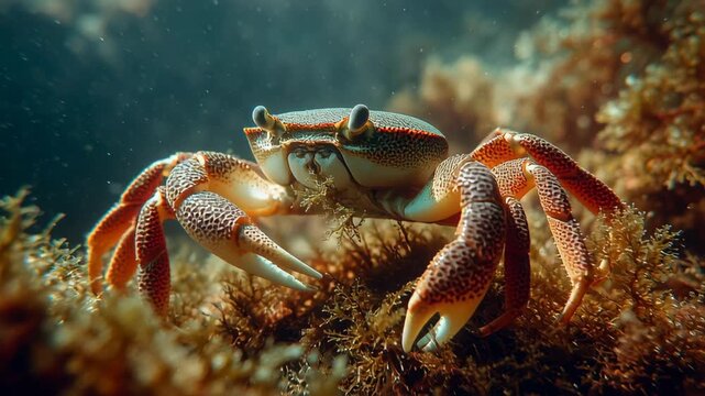 Small Crab with Sharp Claws Holds Algae in Vibrant Underwater Scene Surrounded by Marine Life and Vibrant Algae
