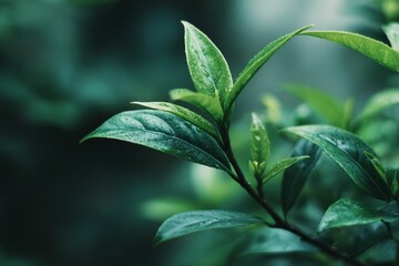 Lush green leaves glisten with rain droplets in a serene natural setting during a humid morning