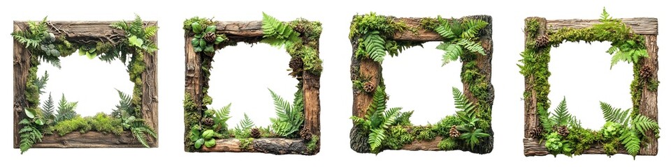 Collection of Square Rustic Wooden Frames Decorated with Green Moss, Fern Leaves, and Natural Forest Elements on Transparent Background