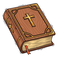 Catholic Bible vector made of carved wood, classic and meaningful design. Vector flat design cartoon. AI generated images.