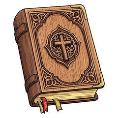 Catholic Bible vector made of carved wood, classic and meaningful design. Vector flat design cartoon. AI generated images.