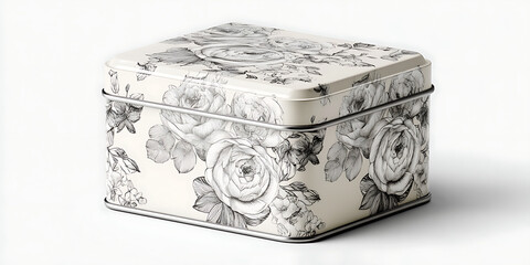 Decorative ceramic box with floral patterns and closed lid on plain background

