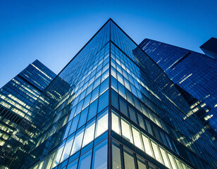 Fototapeta premium Illuminated skyscraper facade at dusk, isolated against a deep blue sky