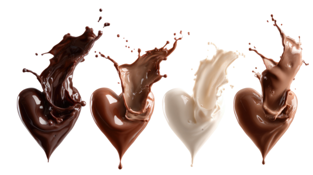 Set of Chocolate Heart-Shaped Splashes in Liquid Wave Motion on Transparent Background