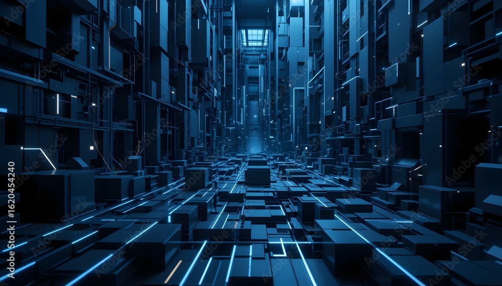 Poster abstract futuristic city with glowing blue lines and geometric shapes, creating a sense of depth and