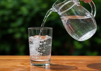 Refreshing water pour from a glass pitcher into a sparkling glass, evoking hydration and vitality, ideal for wellness and beverage themes.