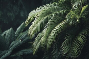 Fototapeta premium Lush green foliage in a tropical rainforest showcasing intricate palm fronds and dense plant life