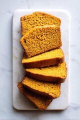 Moist pumpkin bread sliced and aligned neatly for an elegant fall vibe.