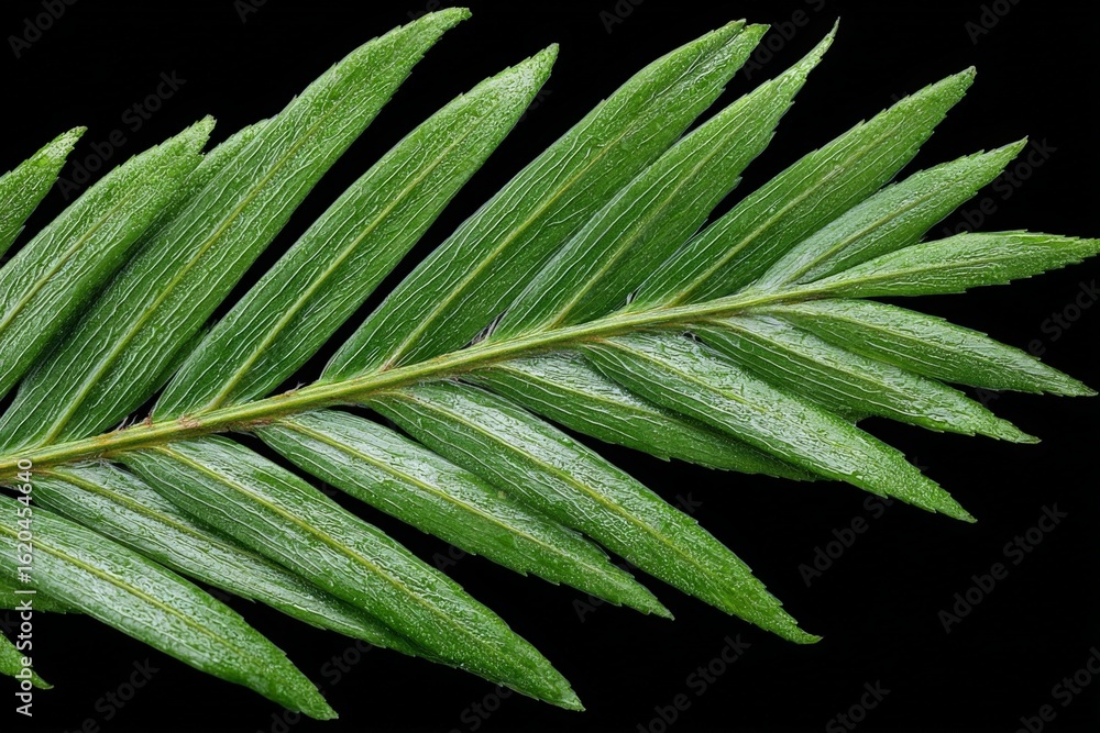 Poster detailed close-up view of a green fern leaf highlighting the intricate structure and textures agains