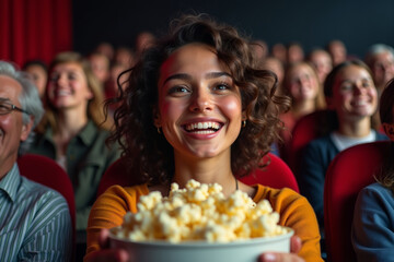 Young woman with popcorn wathing movie in the cinema. AI