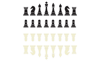 of black and white chess pieces. Full collection. Chess tournament. Logical battle. Board game. Vector illustration isolated ,Chess vector icons set. Black flat icons with chess. King, queen, pawn