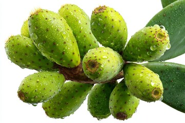 Modern succulent branch with green, textured fruits glistening with water droplets under bright light