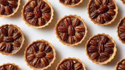 Tiny pecan tarts displayed neatly in rows, overhead minimalist autumn style.