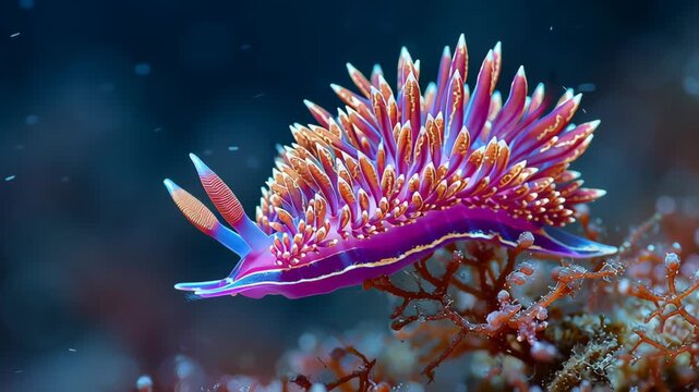 Vibrant Nudibranch Crawling on Coral Reef Iridescent Colors and Intricate Patterns in Underwater Marine Life Exploration