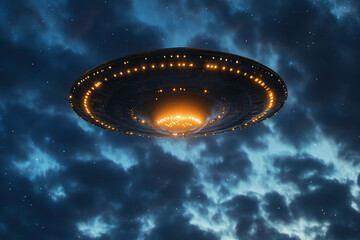 UFO hovering over dense forest with glowing lights, mysterious alien spacecraft, science fiction concept, generative ai