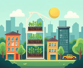 Obraz premium Urban Gardening Concept with Vertical Plant Stands in Cityscape, Nature Meets Architecture in Modern Urban Environment