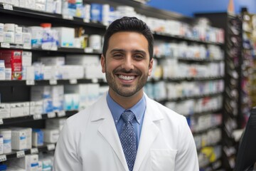 Fototapeta premium A handsome male figure, wearing a white lab coat and blue tie, stands in front of shelves filled with various medical products