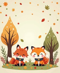 Fototapeta premium Cute cartoon foxes sitting in a colorful autumn landscape with falling leaves surrounded by trees and flowers, perfect for children's design and nature themes