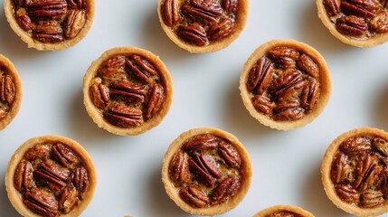 Tiny pecan tarts displayed neatly in rows, overhead minimalist autumn style.