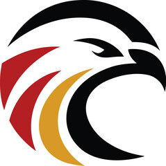 Bold German eagle head mascot logo in national colors, vector graphic