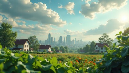 A Scenic View of a Vibrant Meadow with Urban Skyline in the Background Under Bright Blue Sky and Fluffy Clouds during Golden Hour Lighting