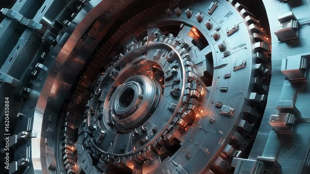 Poster futuristic circular mechanism rotating with complex gears and pistons