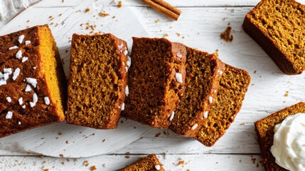 Moist pumpkin bread sliced and aligned neatly for an elegant fall vibe.