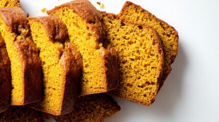 Moist pumpkin bread sliced and aligned neatly for an elegant fall vibe.