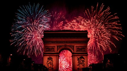 Fireworks explode over the Arc de Triomphe at night.