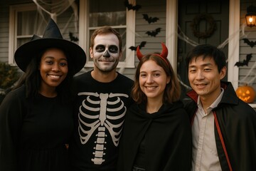 Obraz premium Friends celebrating Halloween costumes.