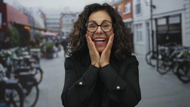 Hispanic woman with curly hair and glasses expressing surprise on a bustling urban street, surrounded by blurred bicycles and buildings in the background.