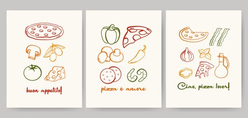 Hand drawn pizza ingredients and slice illustrations. Vector doodle set of tomato, cheese, mushrooms, olives. Italian cuisine food sketch art for menu, posters, and kitchen decor.