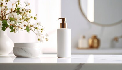 Fototapeta premium Exquisite white vase with gold handle and matching marble container for elegant decor.