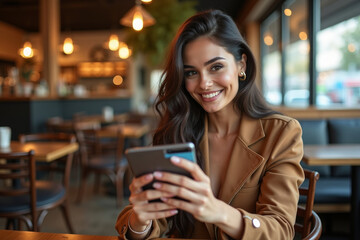 Portrait of beautiful girl using her mobile phone in cafe. AI