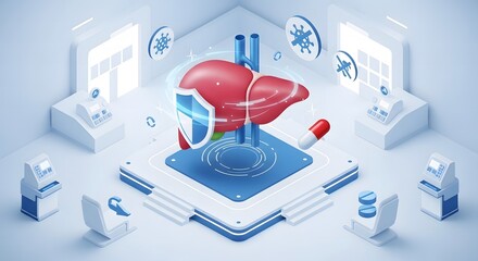 Isometric Illustration: Protected Liver, Medical Technology, Digital Health, Futuristic Healthcare