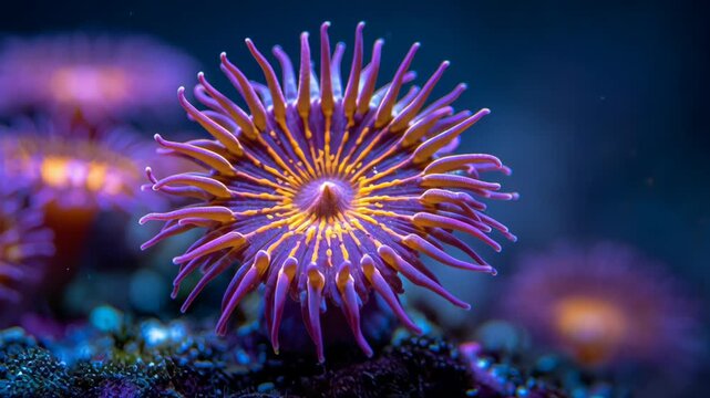 Vibrant Zoanthid Coral Polyp in Bloom with Colorful Tentacles, Close Up Macro View Showcasing Vivid Colors in Underwater Scene