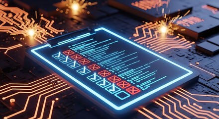 Photo of digital clipboard with code and checklist for software testing and automation