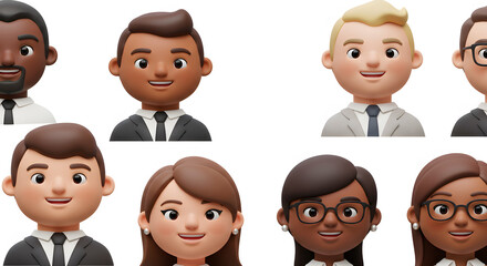 Collection of diverse 3D business people avatars men and women in professional attire.