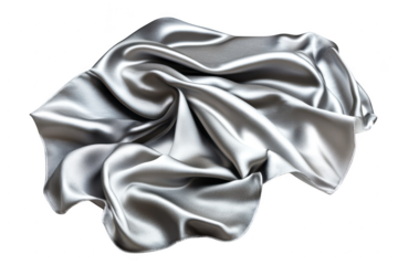 Luxurious silver fabric draped and folded with soft sheen isolated on transparent background