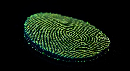 Unlock your identity with a glowing fingerprint, science and security concept