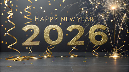 Golden Happy New Year 2026 with sparkling fireworks and confetti, festive celebration