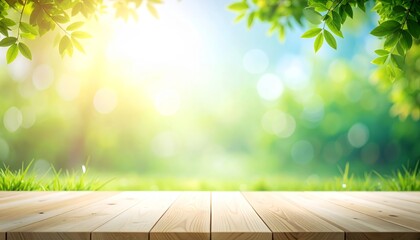 Rustic wooden table top with fresh green leaves on blurred background ideal for displays.