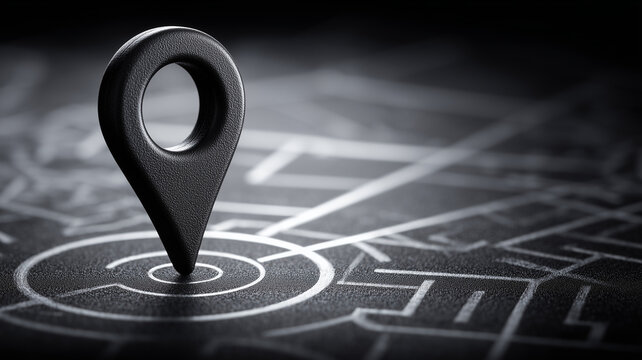A sleek black location pin anchors the centre of a stylised city map, representing precise geolocation and strategic focus.
