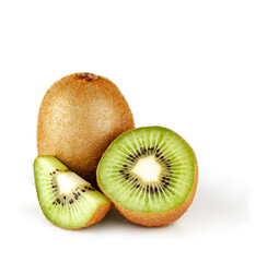 Kiwi fruit and slices isolated on a white background, contour