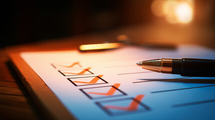 A completed checklist glows under warm light beside a poised pen, celebrating tasks accomplished and organised productivity.