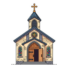 Flat design of a Catholic church, with a cross on the tower and an open wooden door. Vector flat design cartoon. AI generated images.
