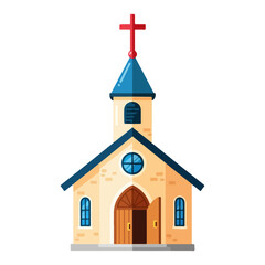 Flat design of a Catholic church, with a cross on the tower and an open wooden door. Vector flat design cartoon. AI generated images.