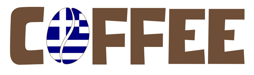 Obraz premium Word coffee with Greek flag inside coffee bean, white background, patriotic design for Greek coffee