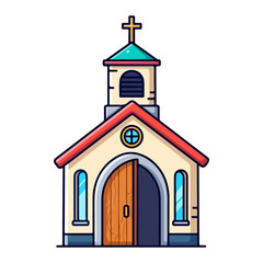 Flat design of a Catholic church, with a cross on the tower and an open wooden door. Vector flat design cartoon. AI generated images.